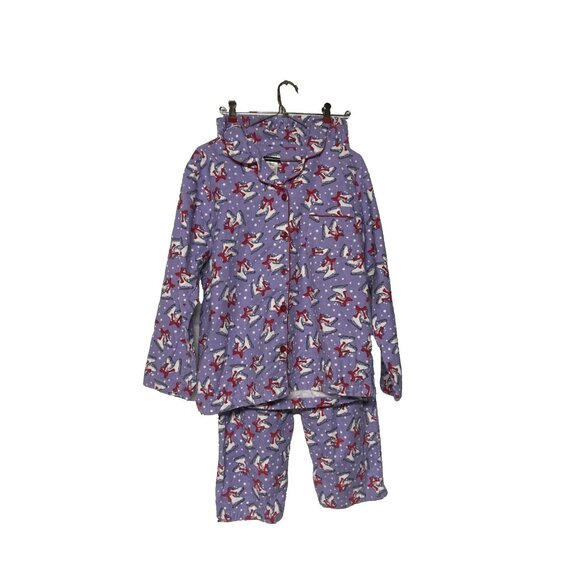 Joe Boxer Women’s M Flannel Pajama Set Purple White Ice Skates Winter Holiday - Picture 1 of 9